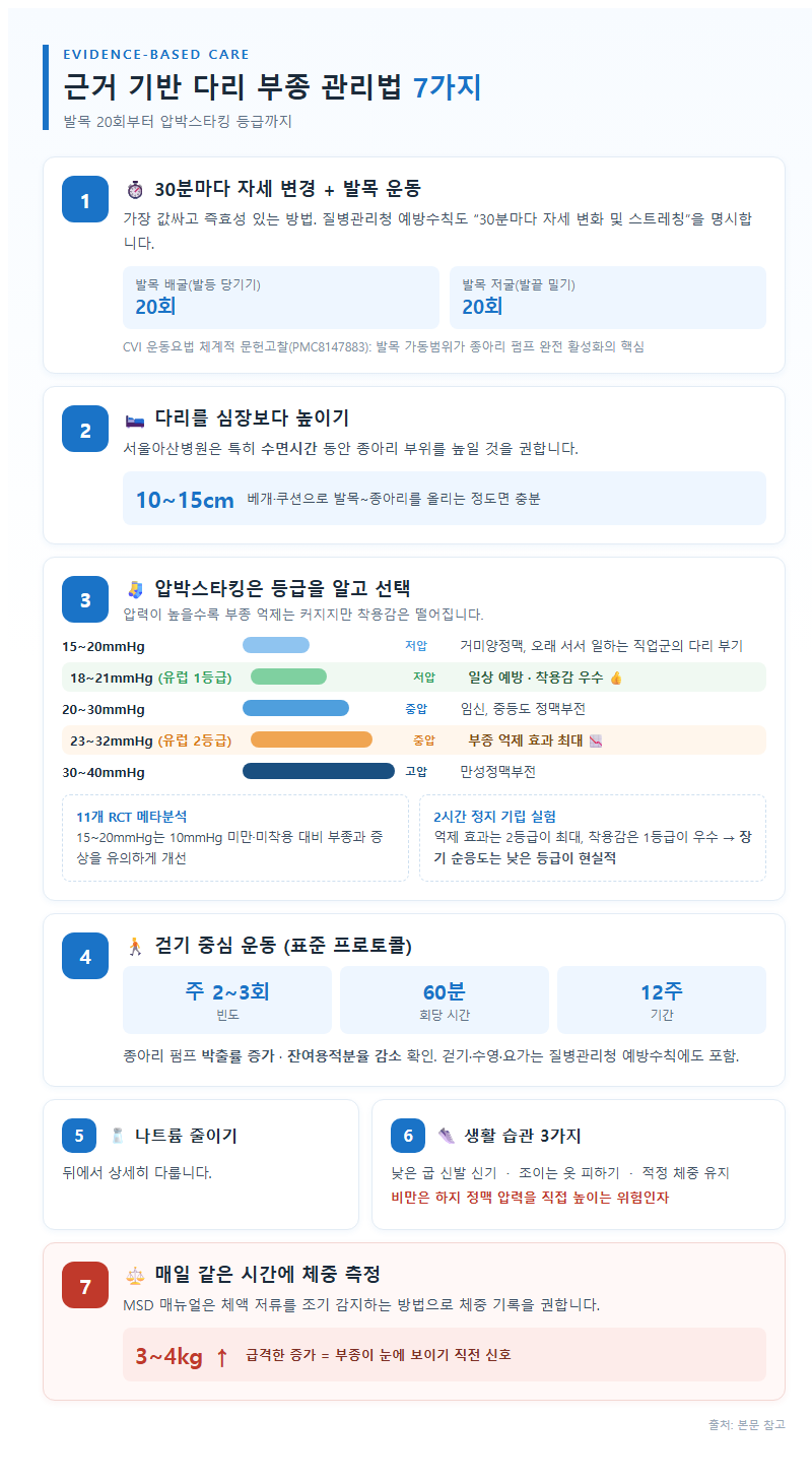 3. 근거 기반 관리법 7가지 — 발목 20회부터 압박스타킹 등급까지