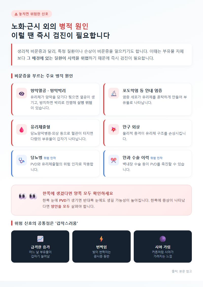 3. 노화·근시 외의 병적 원인 — 놓치면 위험한 신호들