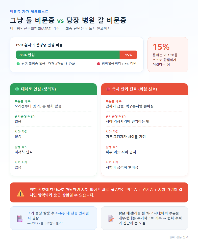4. 85% vs 15% — 그냥 둘 비문증 vs 당장 병원 갈 비문증 자가 체크리스트