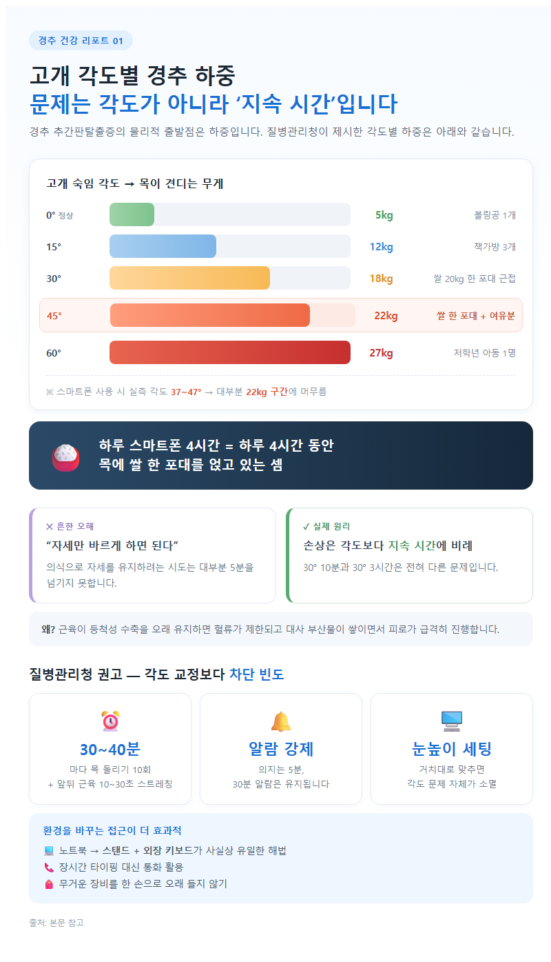 1. 고개 각도별 경추 하중 — 문제는 각도가 아니라 지속 시간입니다