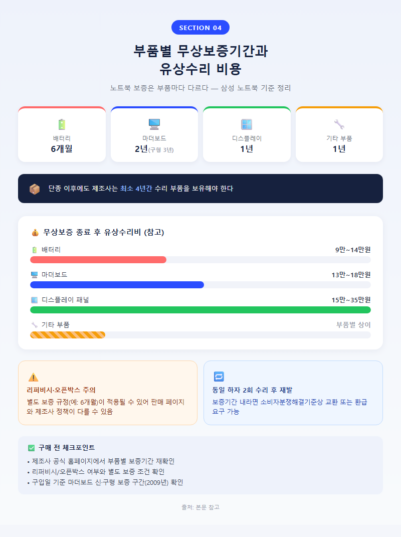 4. 부품별 무상보증기간과 유상수리 비용