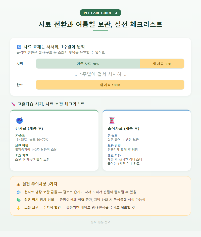 4. 사료 전환과 여름철 보관, 실전 체크리스트