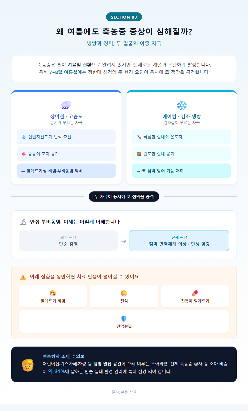3. 왜 여름에도 축농증증상이 심해질까 — 냉방과 장마의 이중 자극