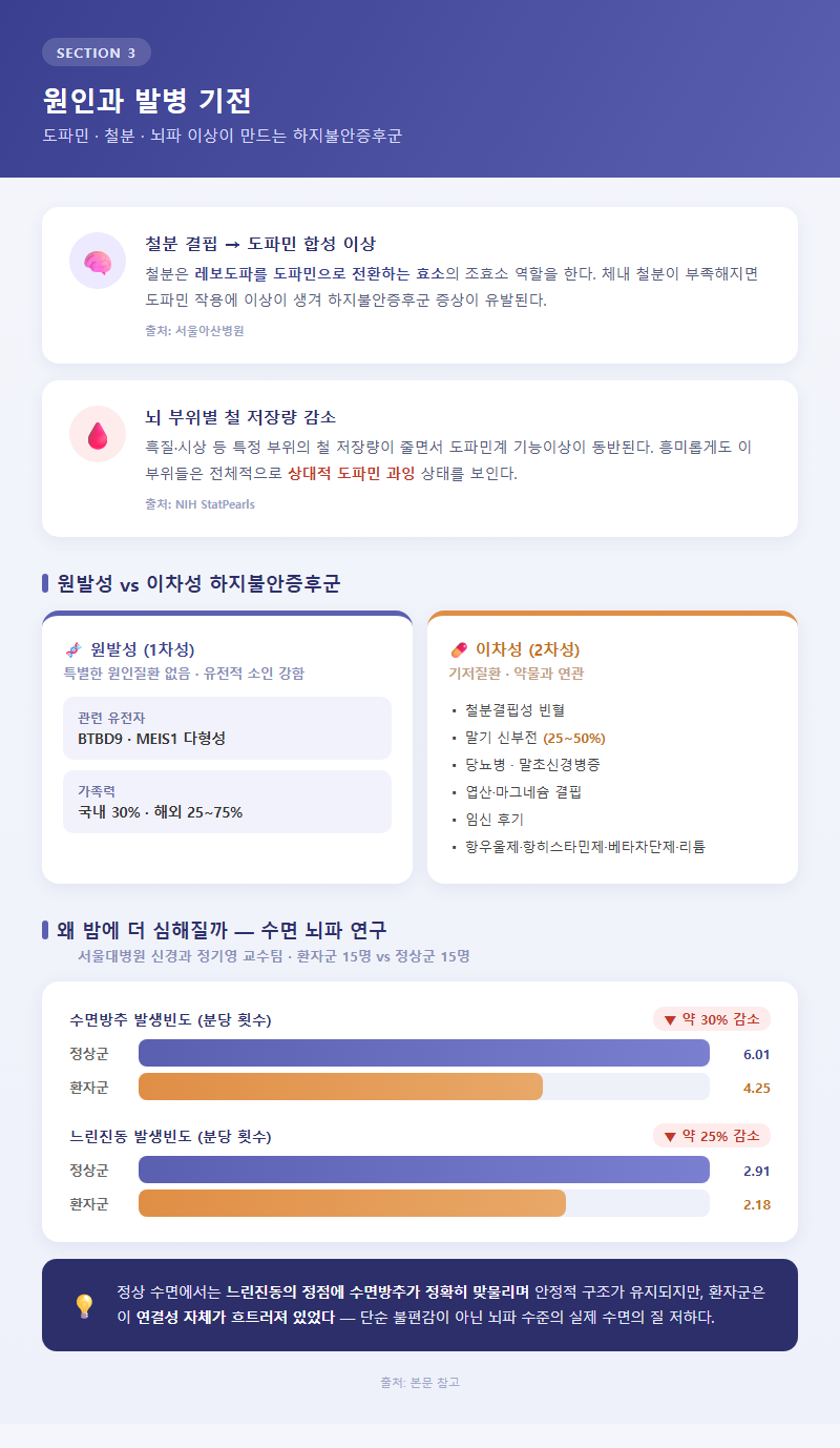 3. 원인과 발병 기전 — 도파민·철분·뇌파 이상