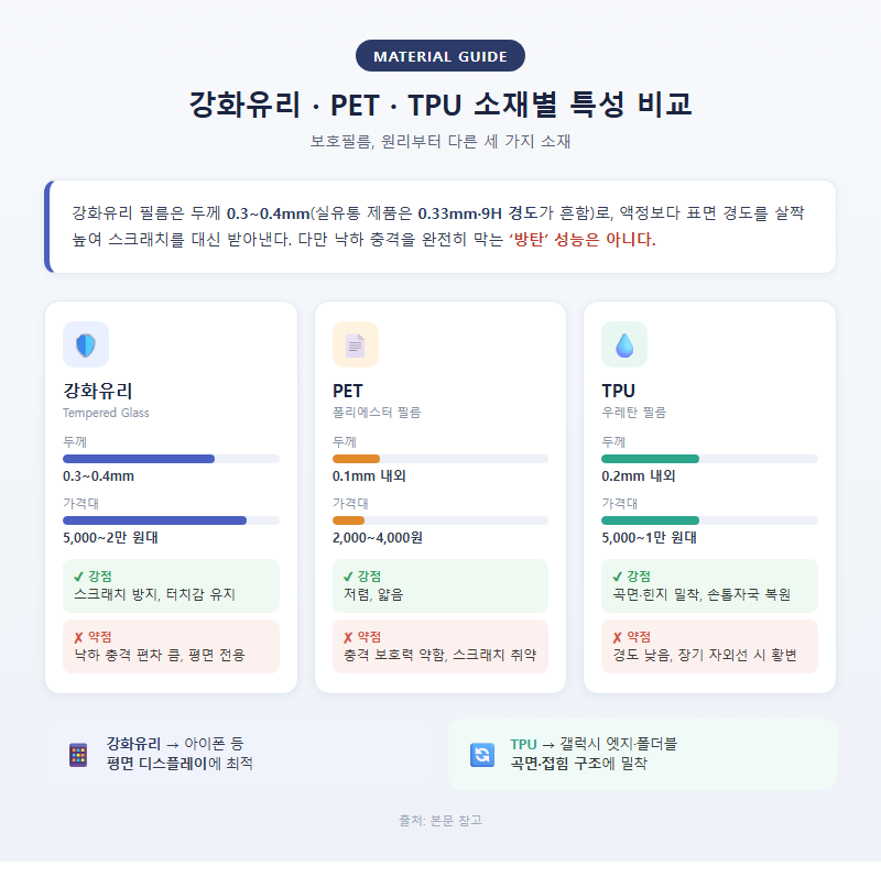1. 강화유리·PET·TPU 소재별 특성 비교