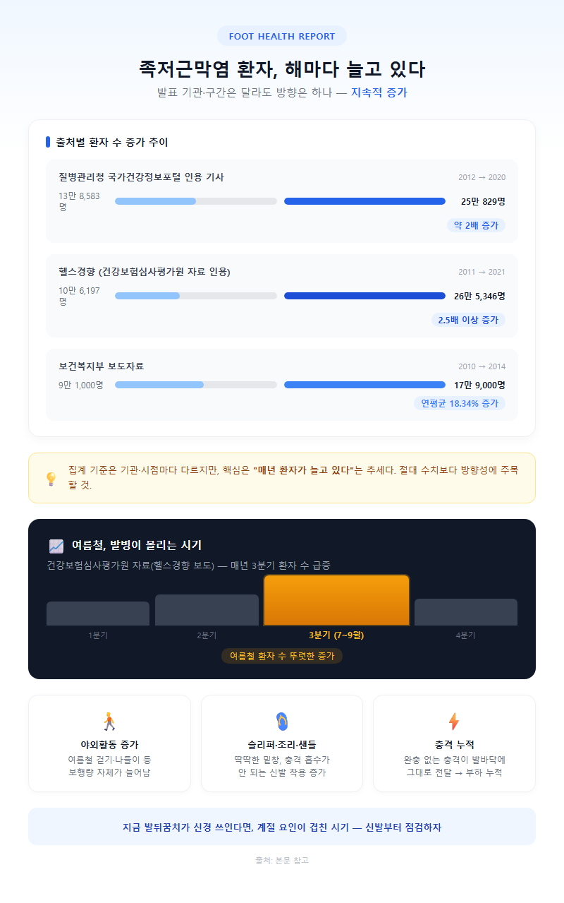 1. 족저근막염 환자 증가 추이와 여름철 발병 시기