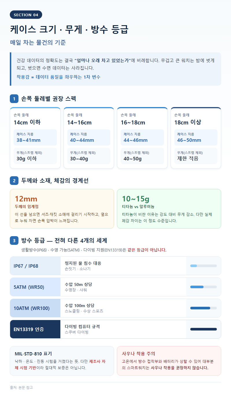 4. 케이스 크기·무게·방수 등급: 매일 차는 물건의 기준