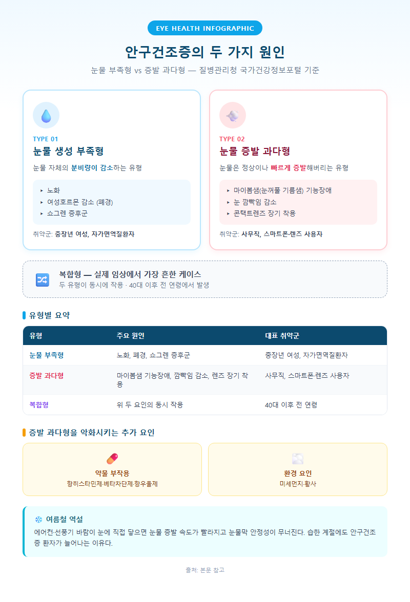 1. 안구건조증의 두 가지 원인 — 눈물 부족형과 증발 과다형