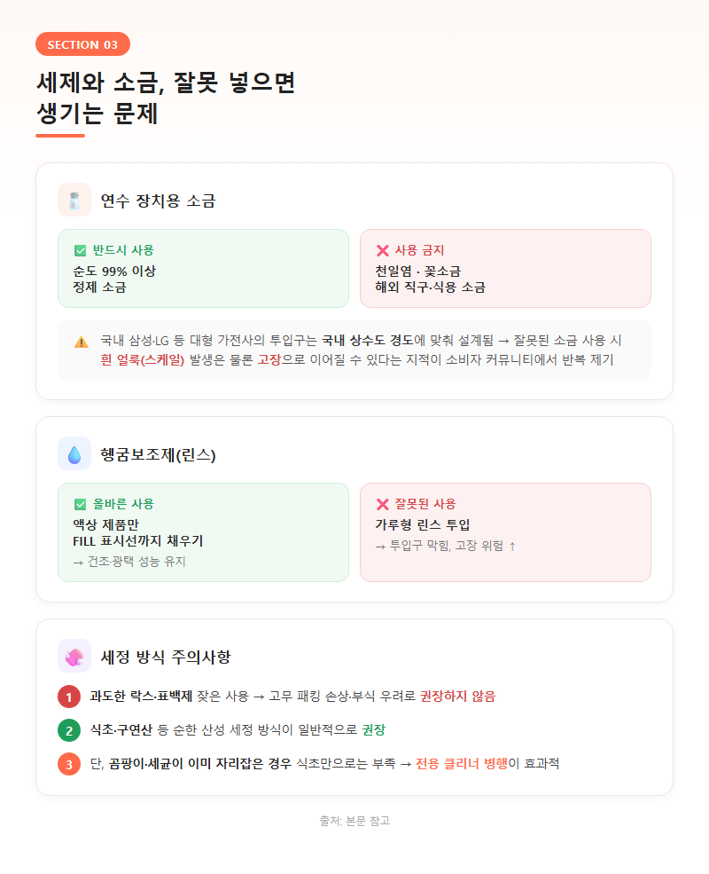 3. 세제와 소금 잘못 넣으면 생기는 문제