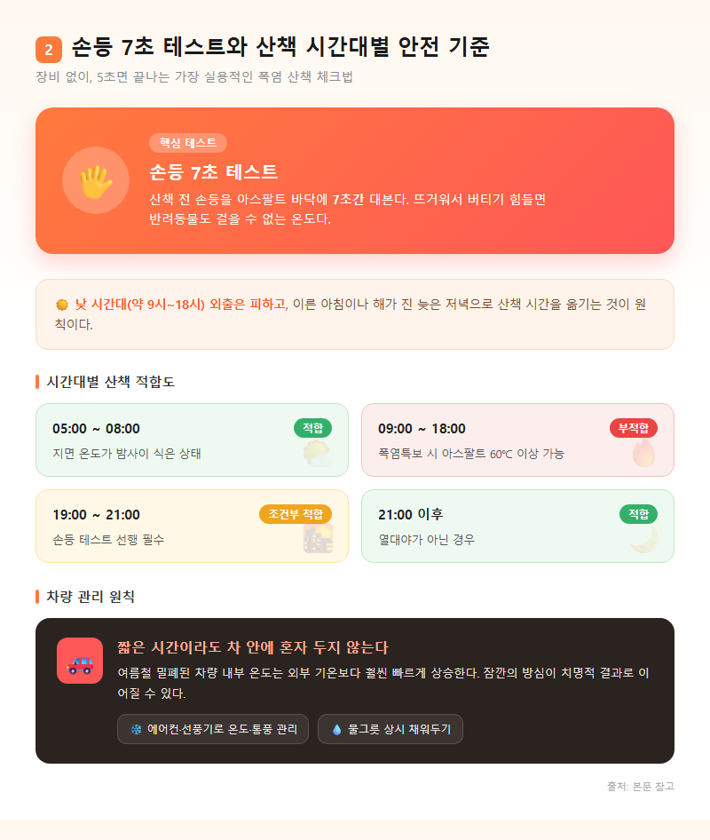2. 손등 7초 테스트와 산책 시간대별 안전 기준