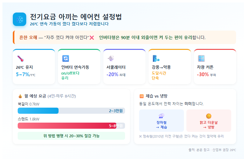 2. 전기요금 아끼는 설정법 — 26℃ 연속 가동이 껐다 켰다보다 저렴