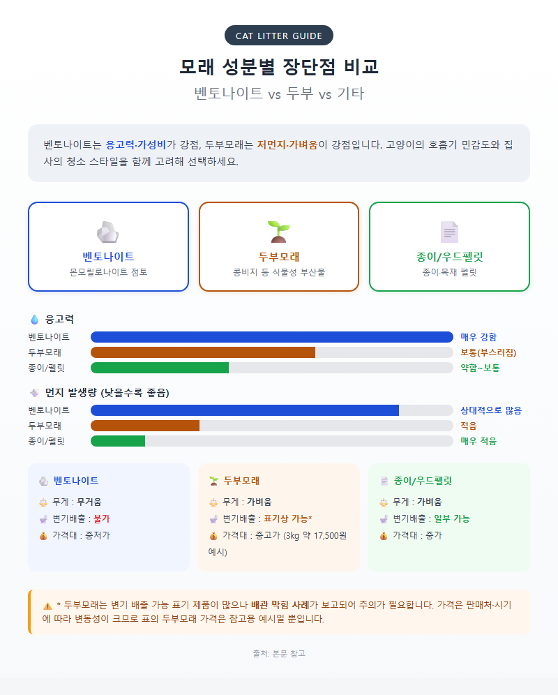 1. 모래 성분별 장단점 비교: 벤토나이트 vs 두부 vs 기타