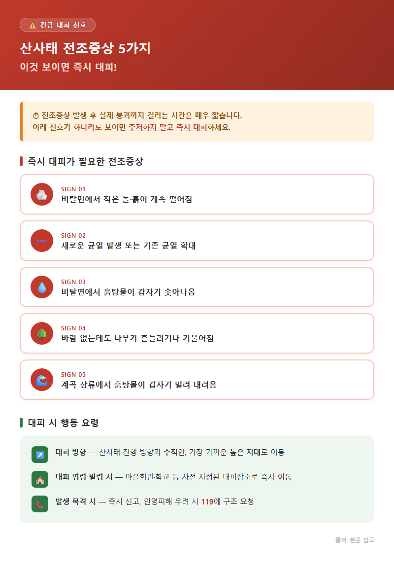 3. 산사태 전조증상 5가지 — 이것 보이면 즉시 대피
