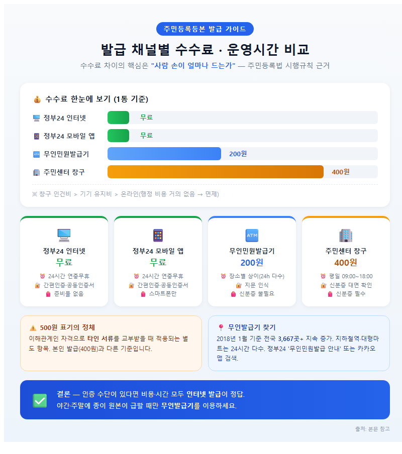 1. 발급 채널별 수수료·운영시간 비교