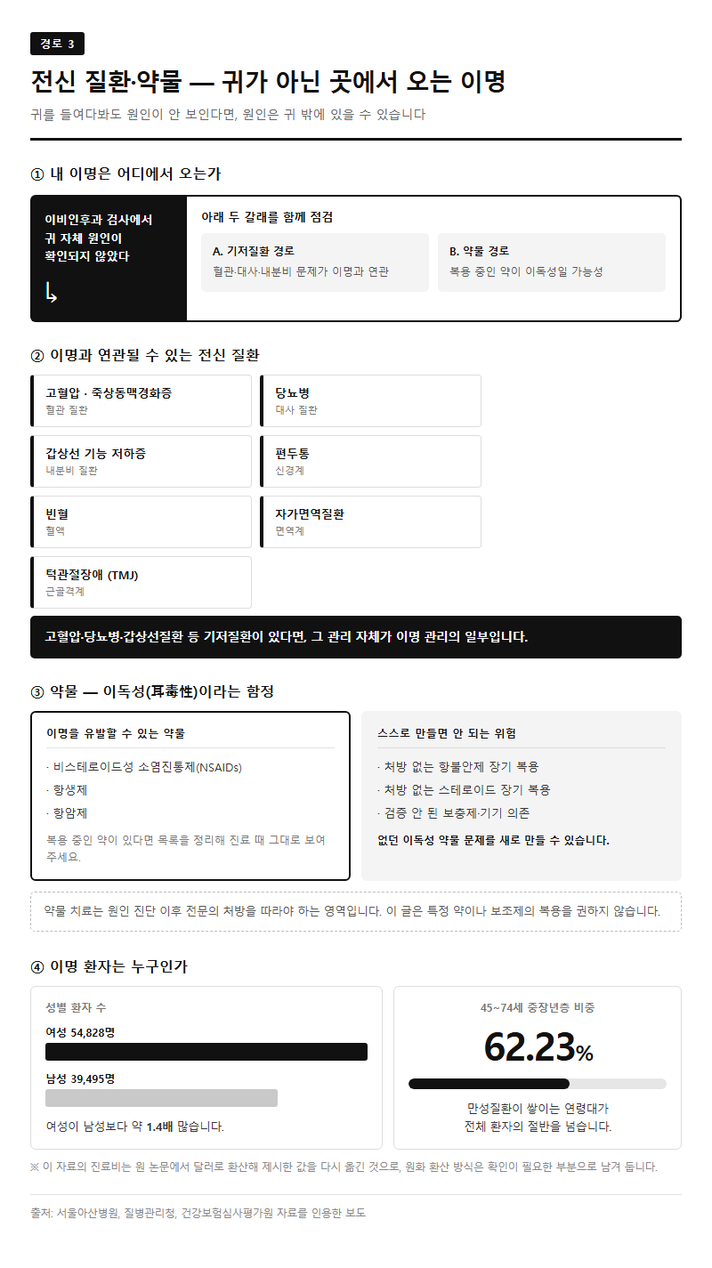 3. 전신 질환·약물 — 귀가 아닌 곳에서 오는 이명
