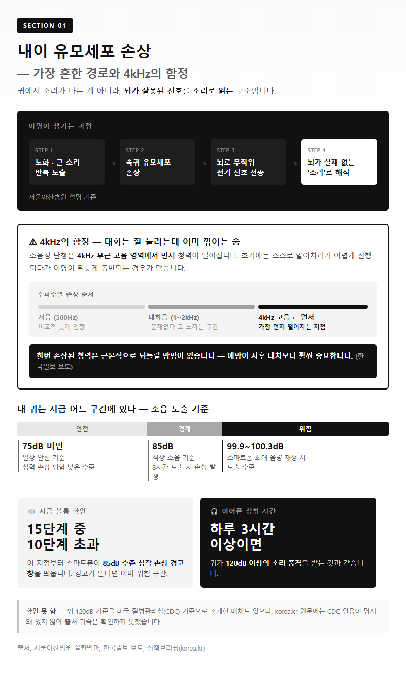 1. 내이 유모세포 손상 — 가장 흔한 경로와 4kHz의 함정