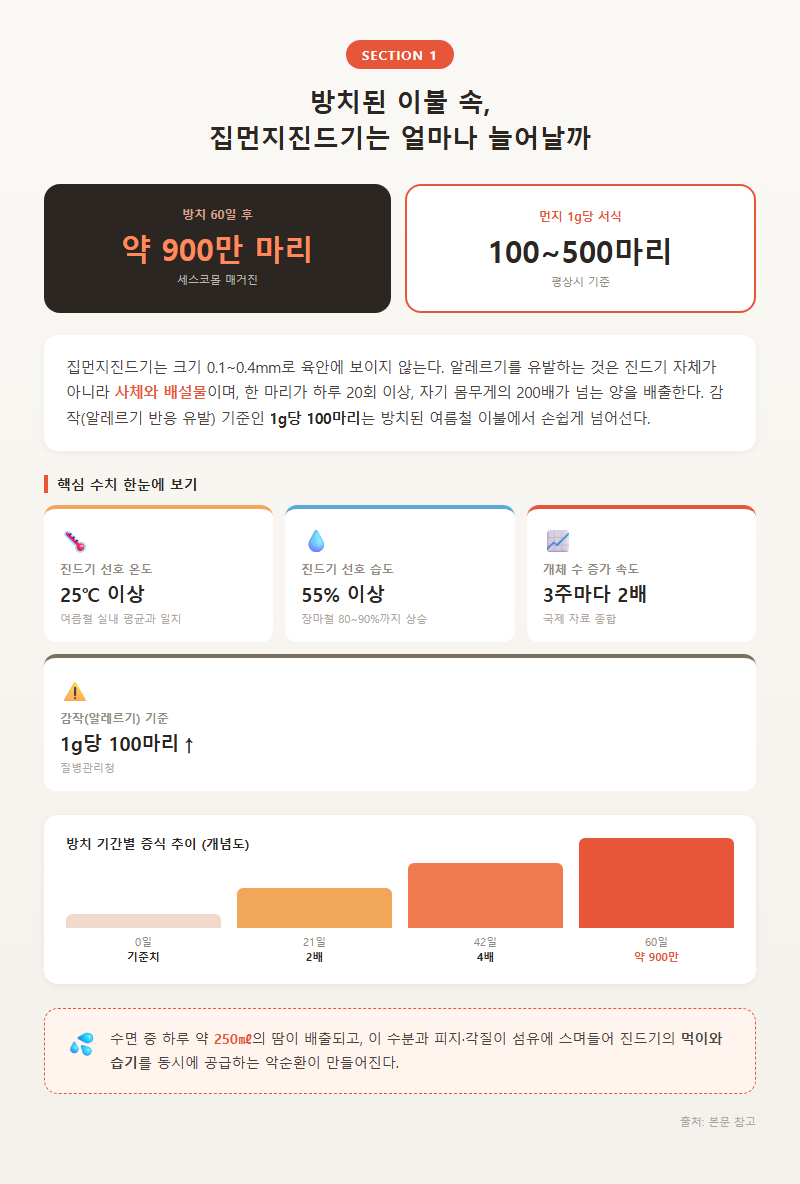 1. 방치된 이불 속, 집먼지진드기는 얼마나 늘어날까