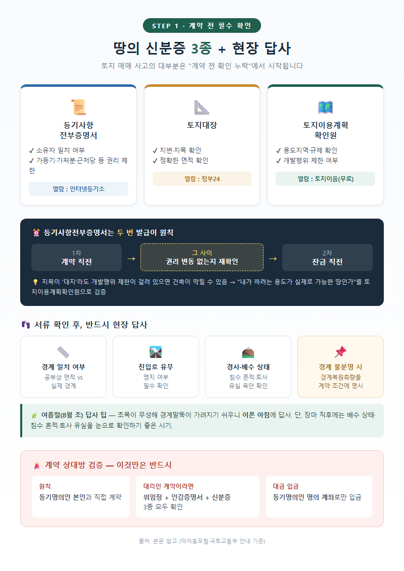 1. 계약 전 필수 확인 — 땅의 신분증 3종과 현장 답사