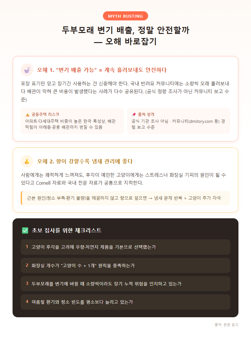 5. 두부모래 변기 배출, 정말 안전할까 — 오해 바로잡기