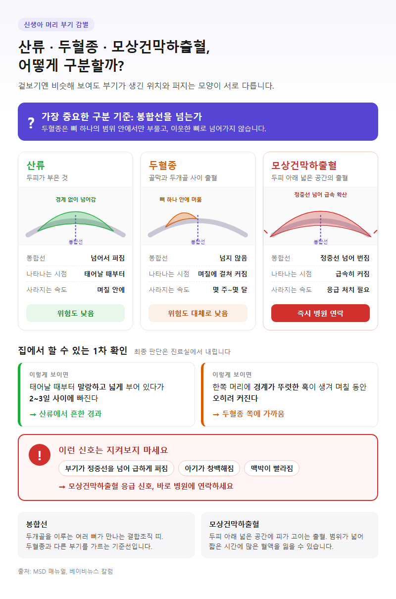 Q2. 산류, 모상건막하출혈과 두혈종은 어떻게 구분하나요?