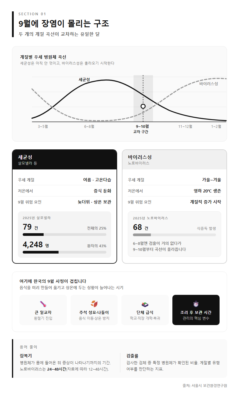 1. 9월에 장염이 몰리는 구조 — 두 원인이 겹치는 달
