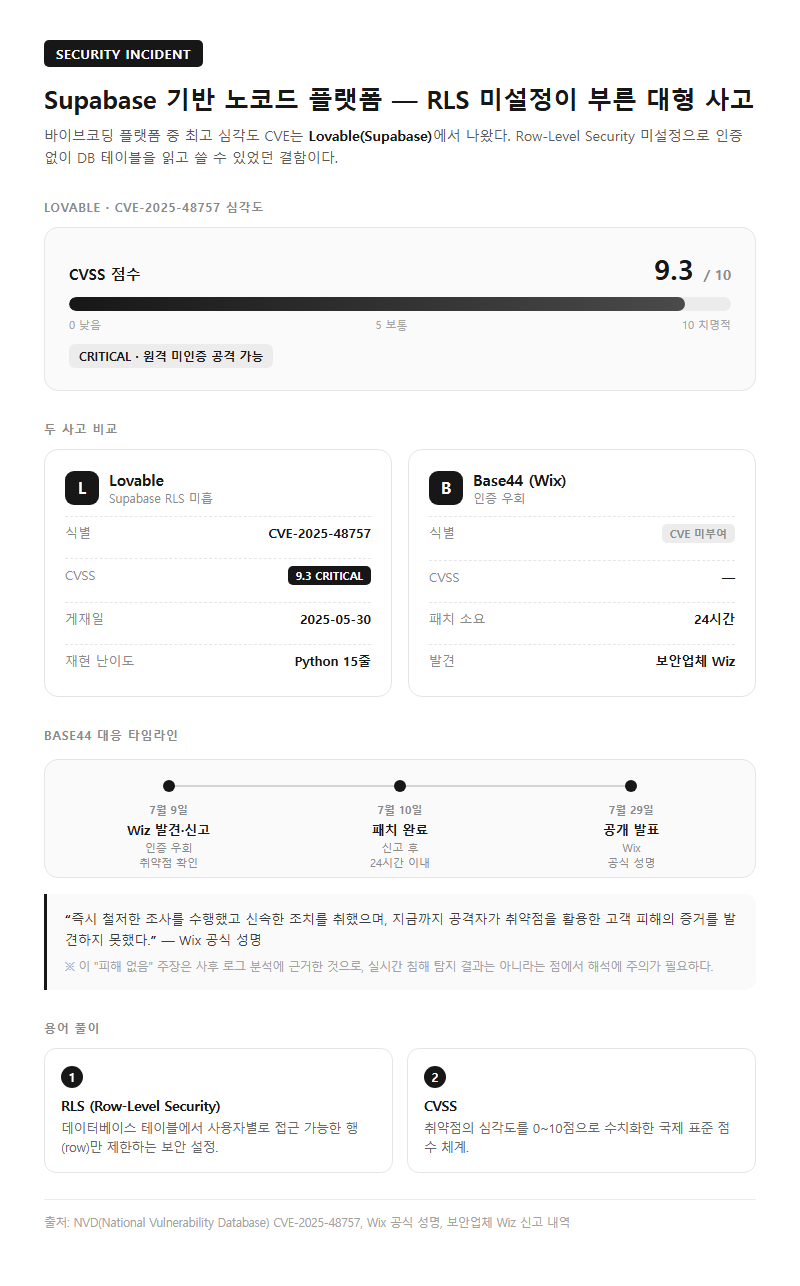 1. Supabase 기반 노코드 플랫폼 — RLS 미설정이 부른 대형 사고