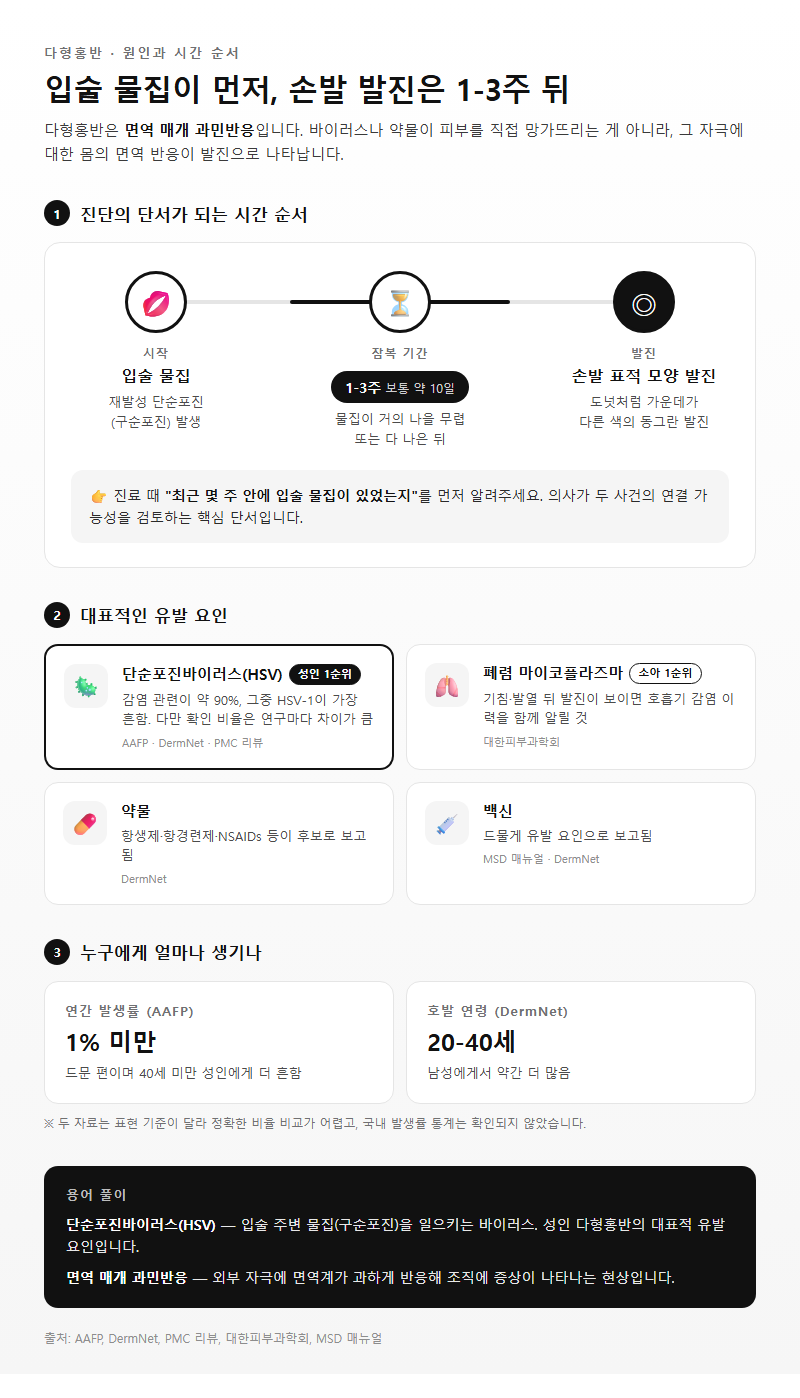 2. 원인과 시간 순서, 입술 물집 뒤 1-3주