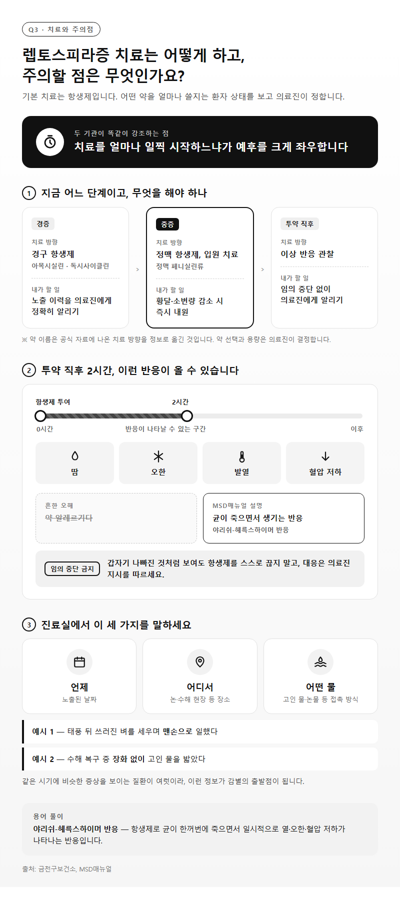 Q3. 렙토스피라증 치료는 어떻게 하고, 주의할 점은 무엇인가요?