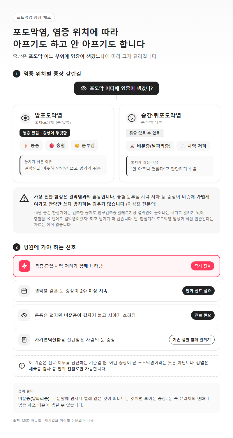 3. 포도막염 증상은 위치에 따라 아프기도, 안 아프기도 합니다